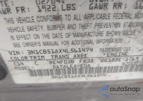 2004 Nissan Sentra 1.8S z USA, uszkodzony, nr VIN 3N1CB51AX4L561474